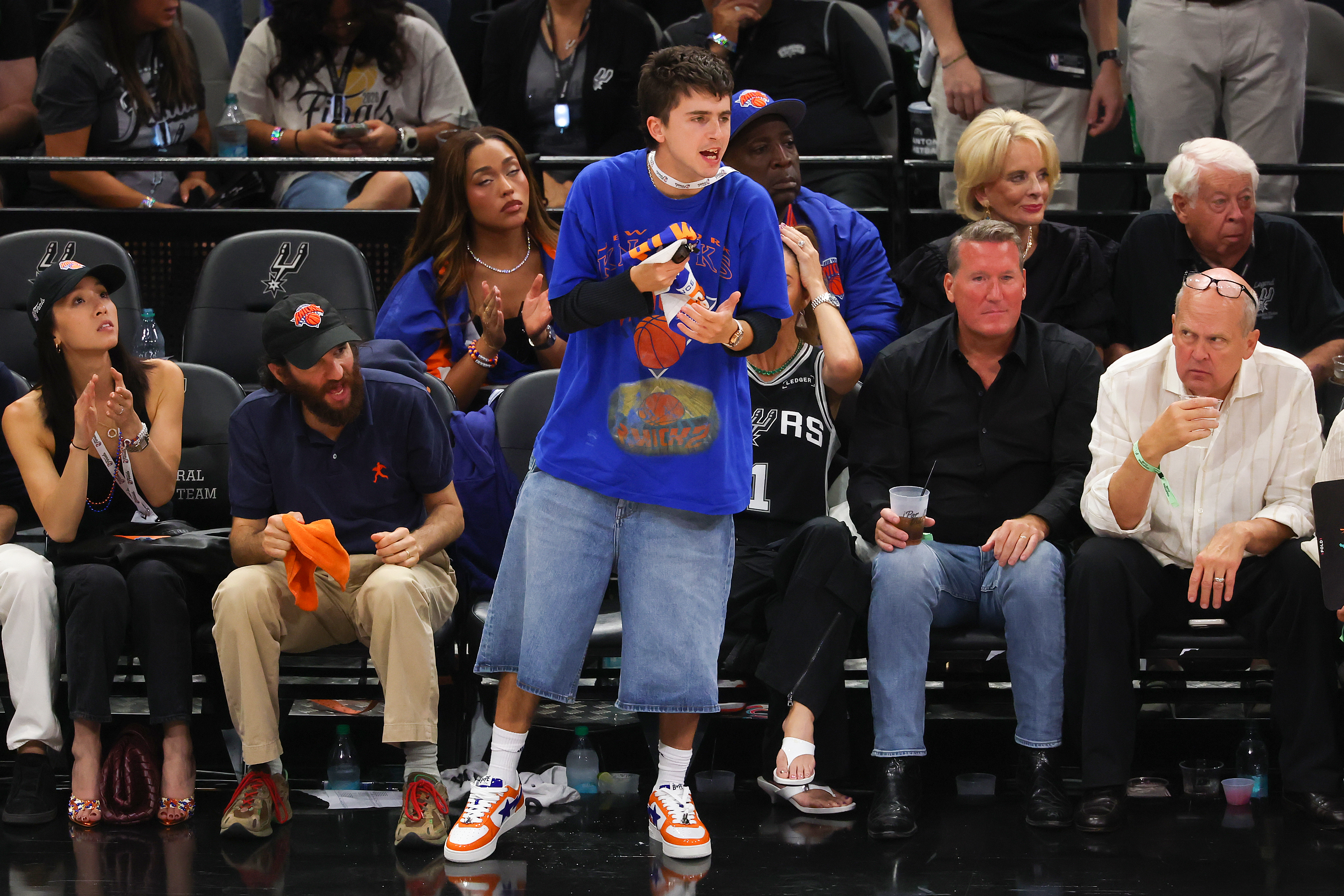 Timothée Chalamet reacting during the 2026 NBA Finals.