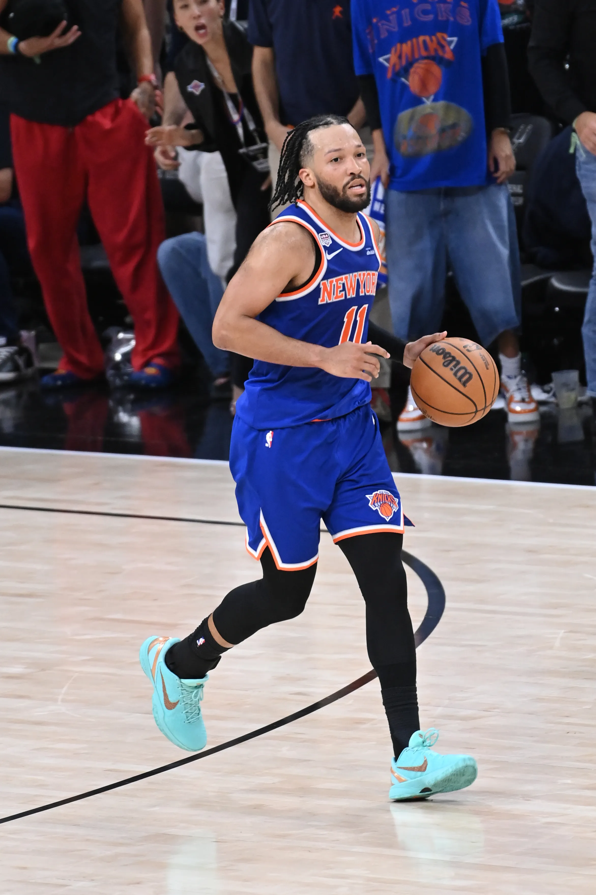 Jalen Brunson dribbling a basketball on the court during the 2026 NBA Finals.