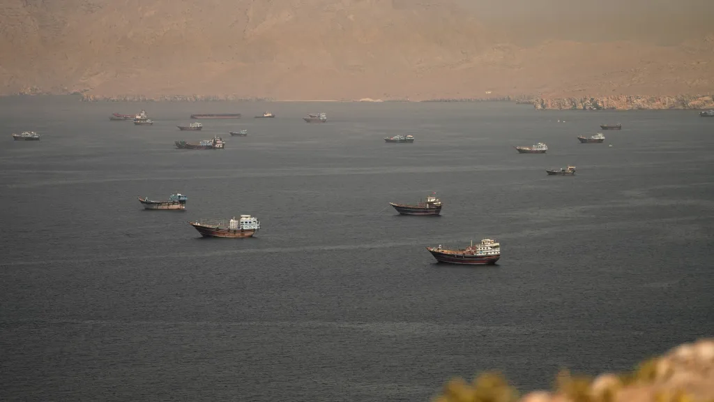 Vessels in the Strait of Hormuz as seen from Musandam, Oman.