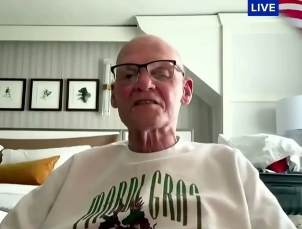 Veteran Democratic strategist James Carville in a white 