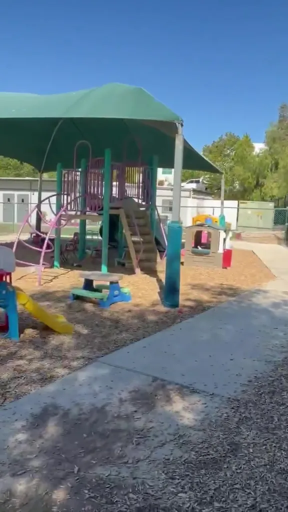 A colorful playground with a green canopy.