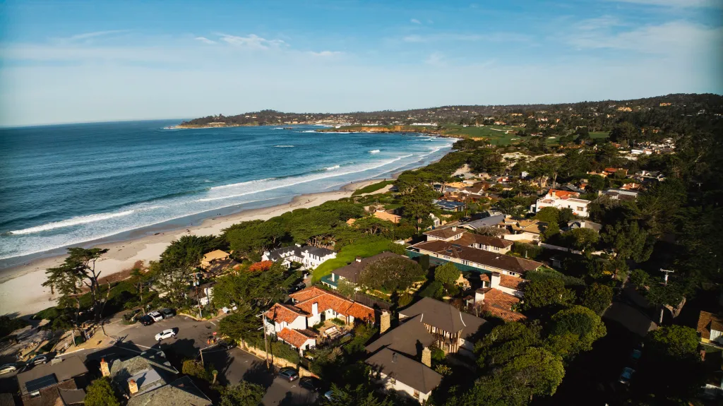 An aerial view of the historic beach town of Carmel and Carmel by the Sea in California.