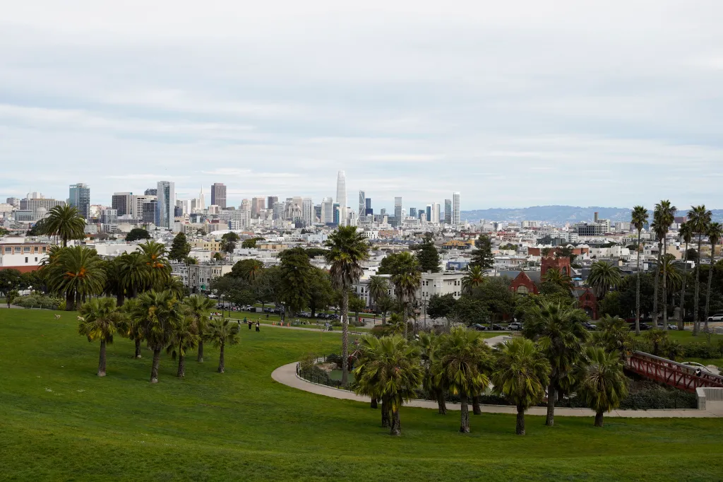 San Francisco skyline view from Dolores Park, with palm trees and a grassy slope in the foreground.