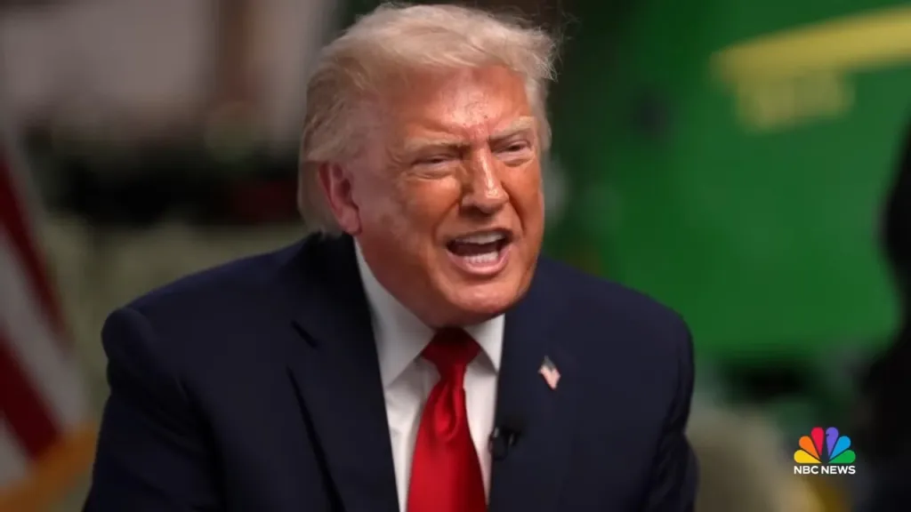 President Donald Trump speaking in an agitated manner during an interview with NBC News.
