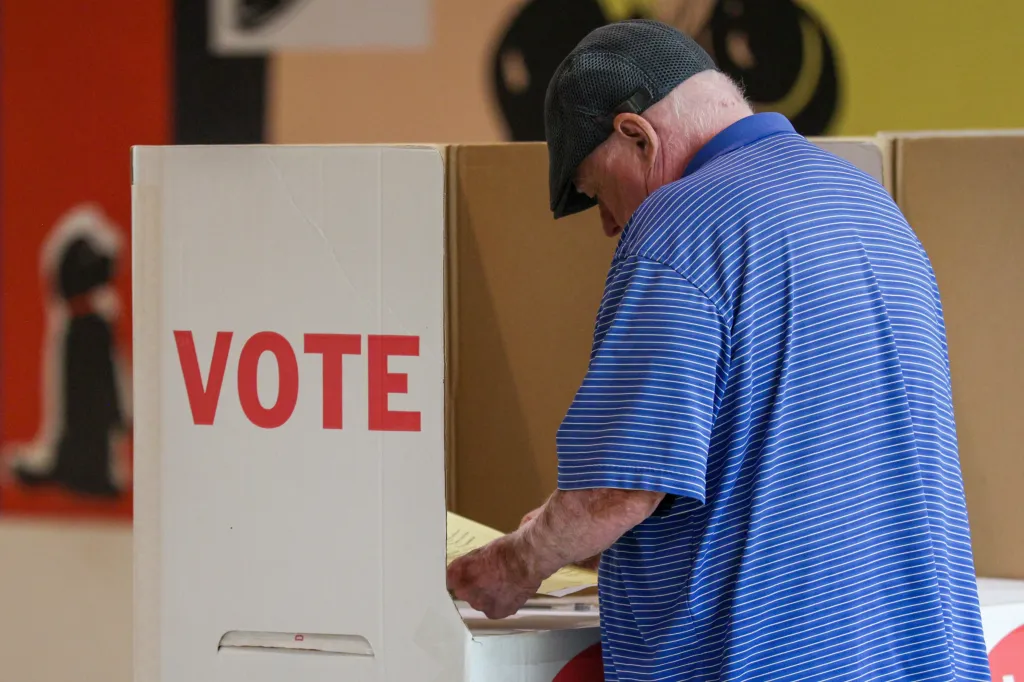 A voter filling out a ballot at a polling station in Oklahoma City.
