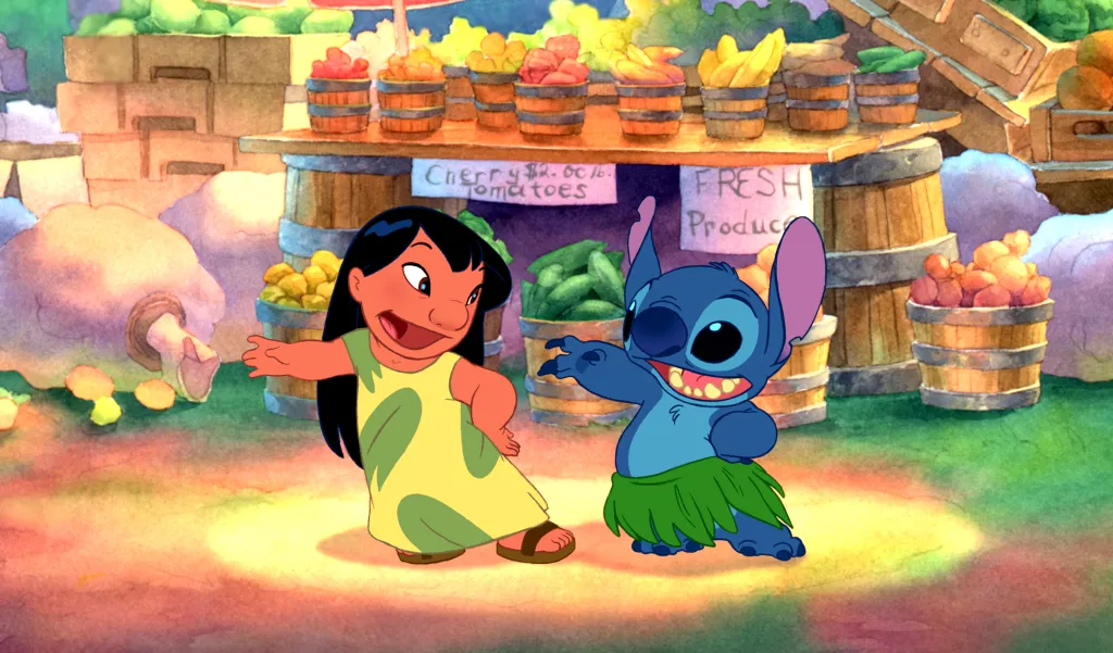 Illustration of Lilo and Stitch dancing at a fruit stand.