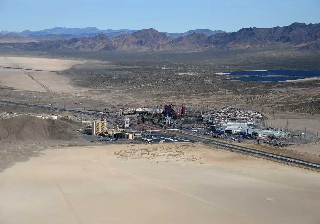 Aerial view of Whiskey Pete's Hotel & Casino, Buffalo Bill's Resort & Casino, and Primm Valley Resort & Casino in Primm, Nevada, near the California border and Interstate 15.