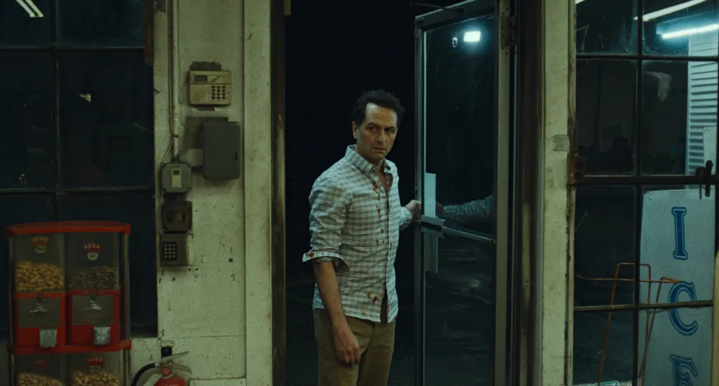 Matthew Rhys as a man with bloodstains on his shirt opening a door.
