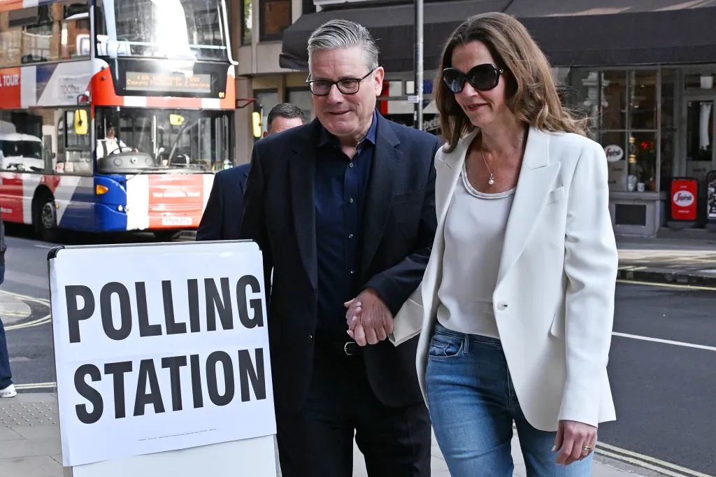 British Prime Minister Keir Starmer and his wife arriving at a polling station for local elections.