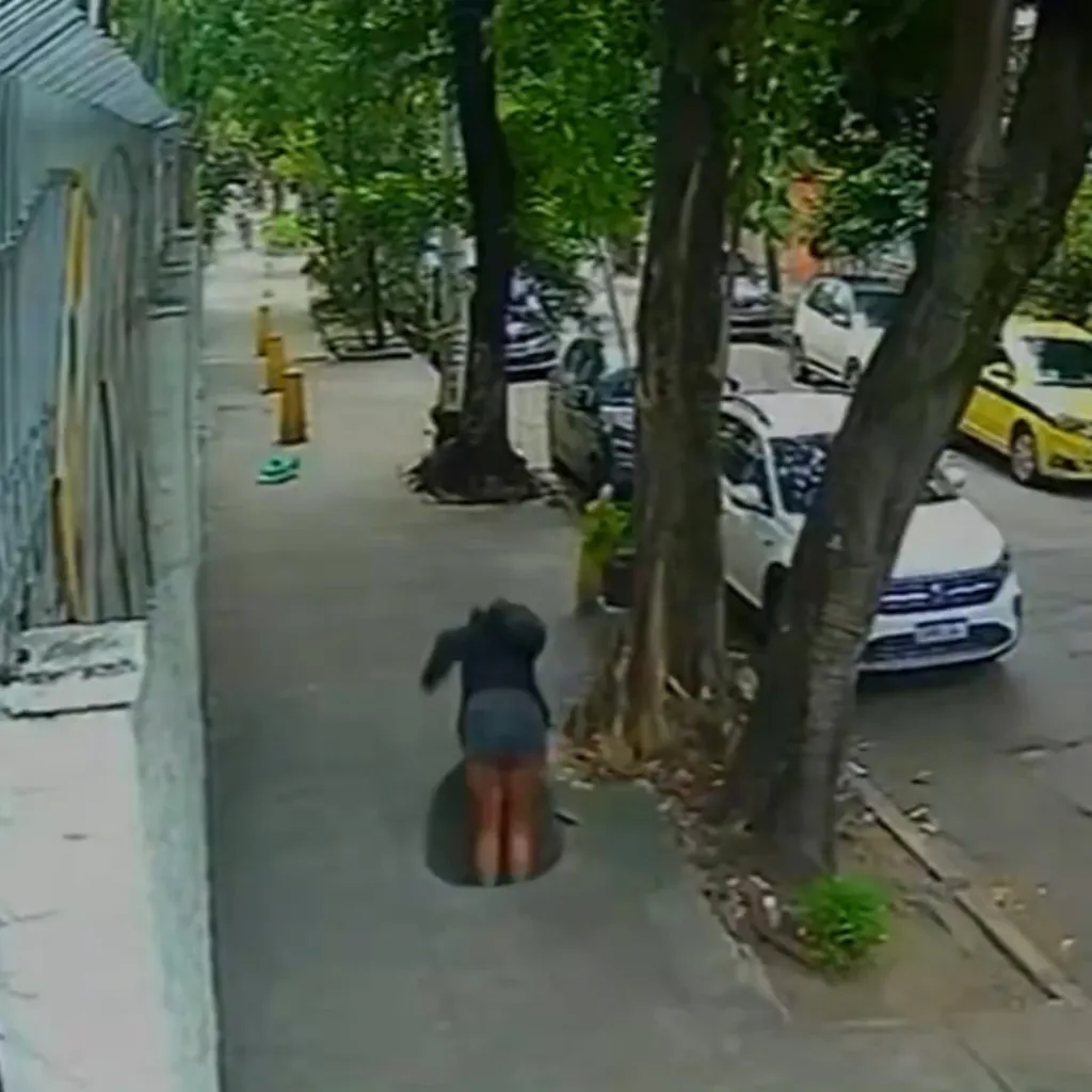 A woman falling into an open manhole on a sidewalk next to a street with parked cars.