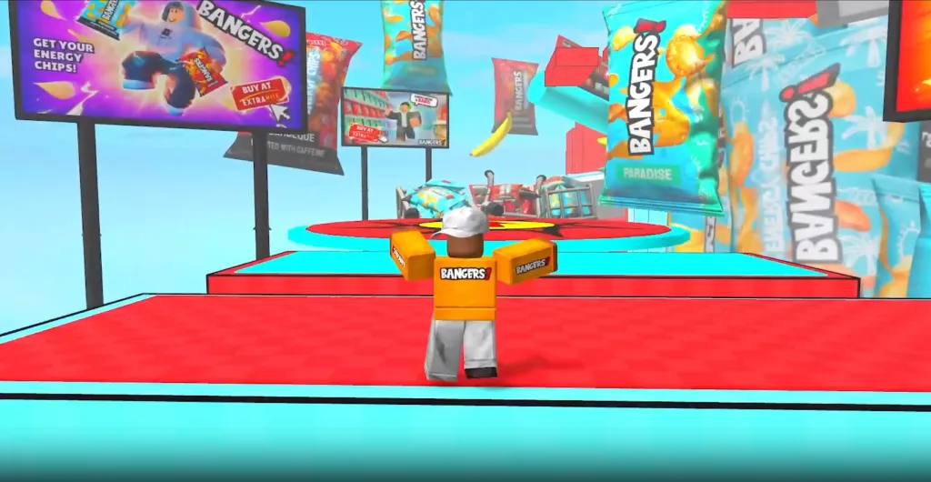 Illustration of a Roblox character on a stage surrounded by ads for Bangers caffeinated potato chips.