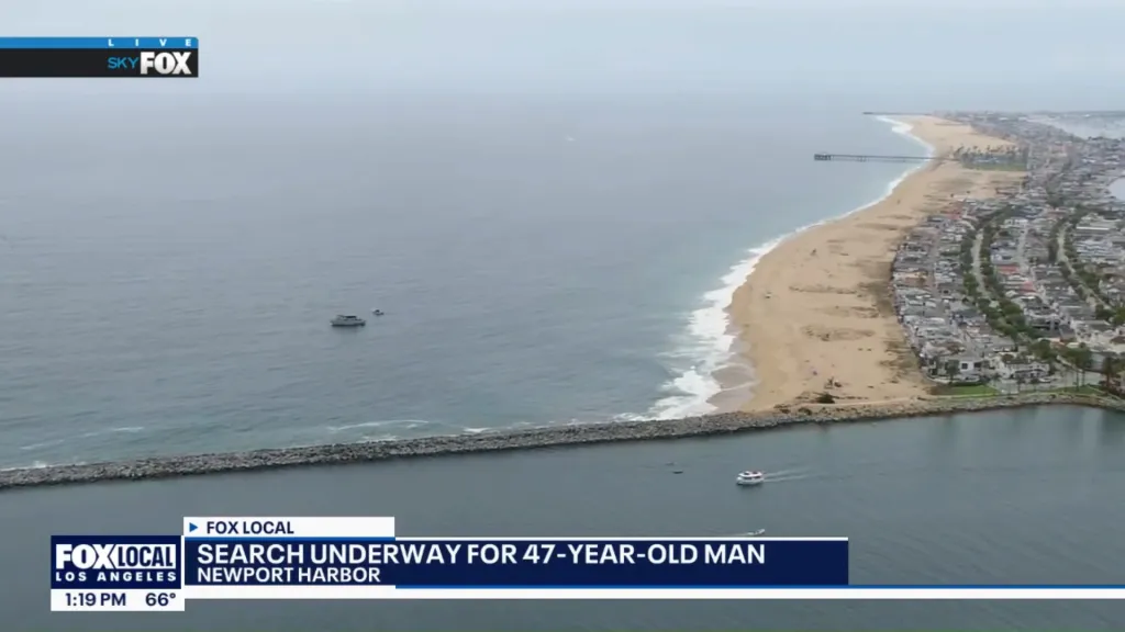 Aerial view of Newport Beach showing a search underway for a missing 47-year-old man.