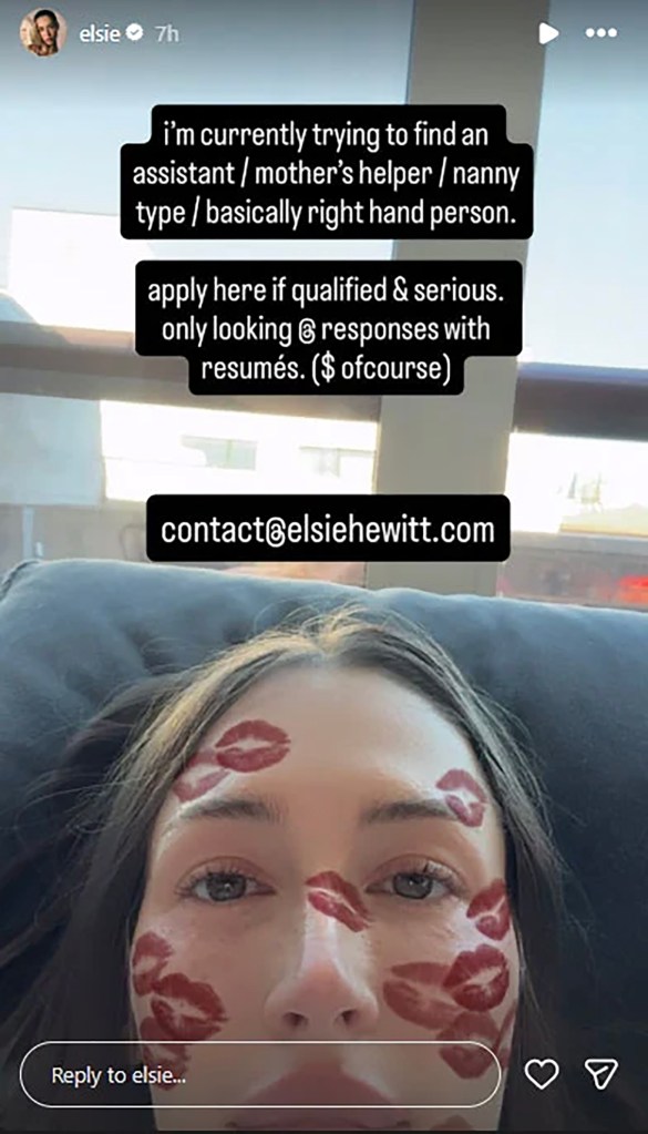 A woman with red lipstick kiss marks on her face and an Instagram story with a plea for a personal assistant.