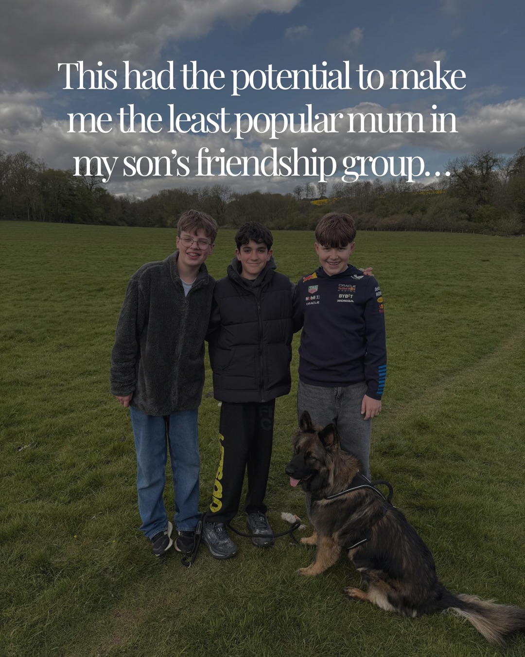 Three boys with a dog in a field, with text from Lauren Silverman about her parenting.