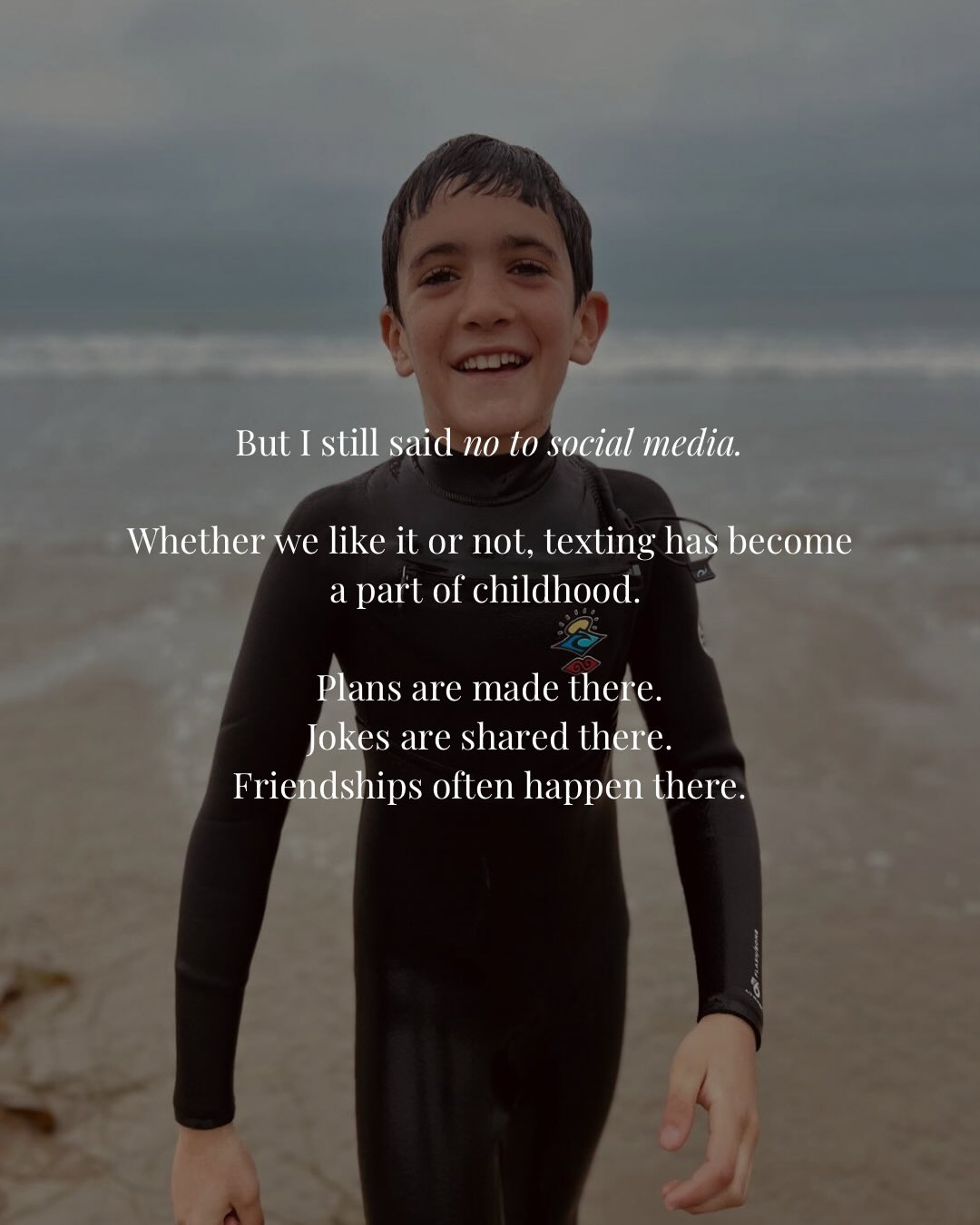 A young boy in a wetsuit on a beach with text about social media and childhood.