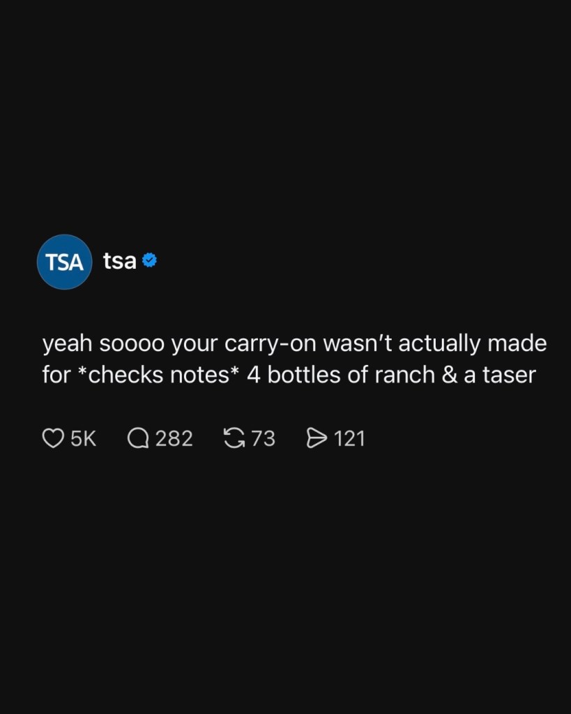 A screenshot of a TSA social media post stating, 
