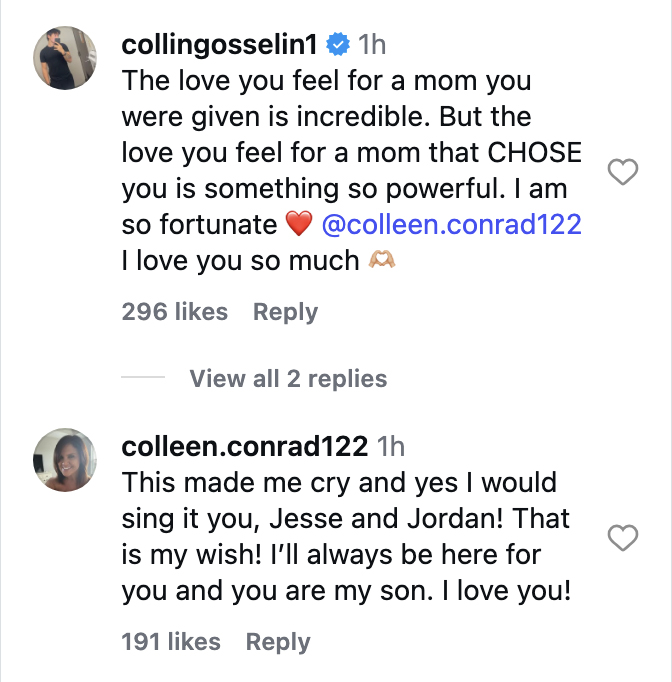 Instagram post by Collin Gosselin expressing gratitude for his chosen mother, Colleen Conrad, and her loving reply.