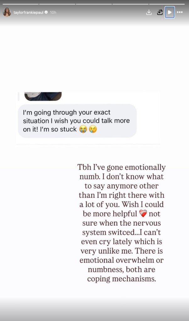 An Instagram story from taylorfrankiepaul showing a message from a follower saying 
