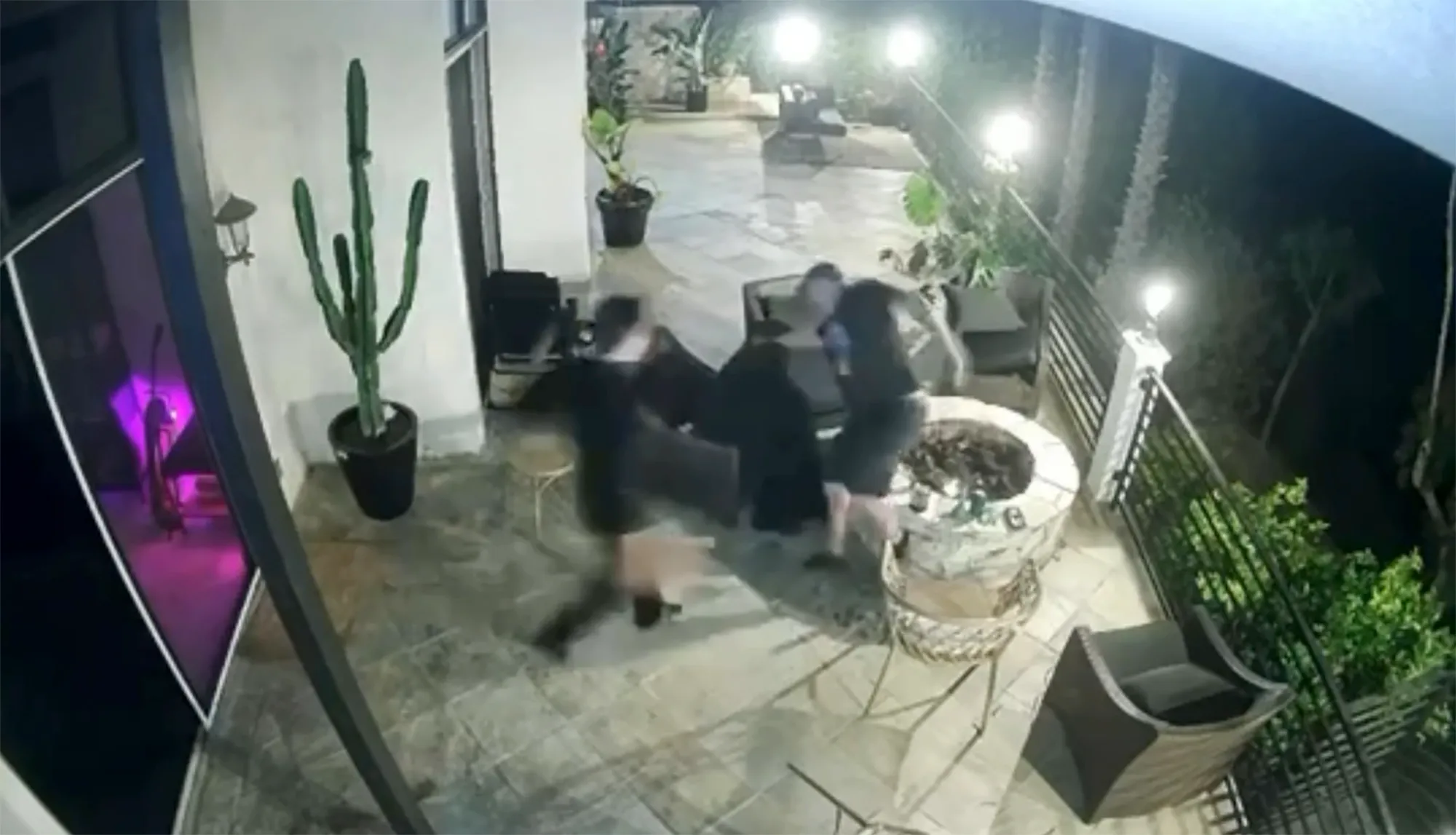 Several people struggling near a firepit on a patio at night, with a tall cactus in a pot to the left.