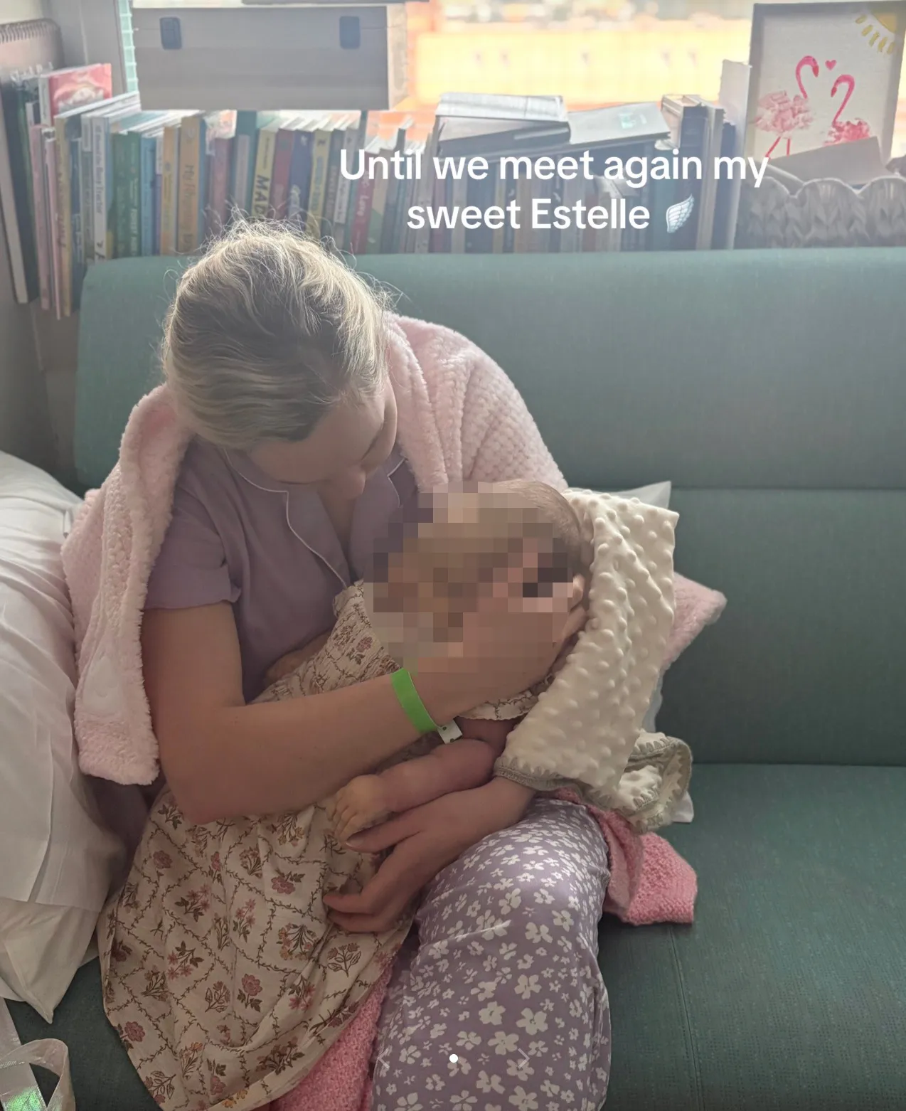 Estee Williams holding her daughter, Estelle, after being denied a transplant, with text that reads 