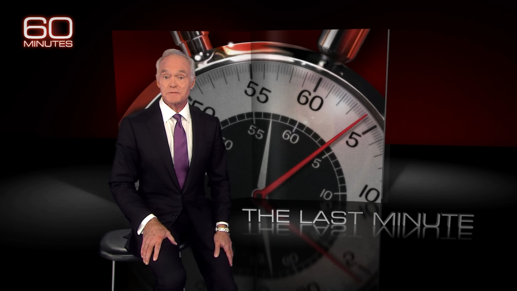 Scott Pelley sitting in front of a stopwatch and the text 