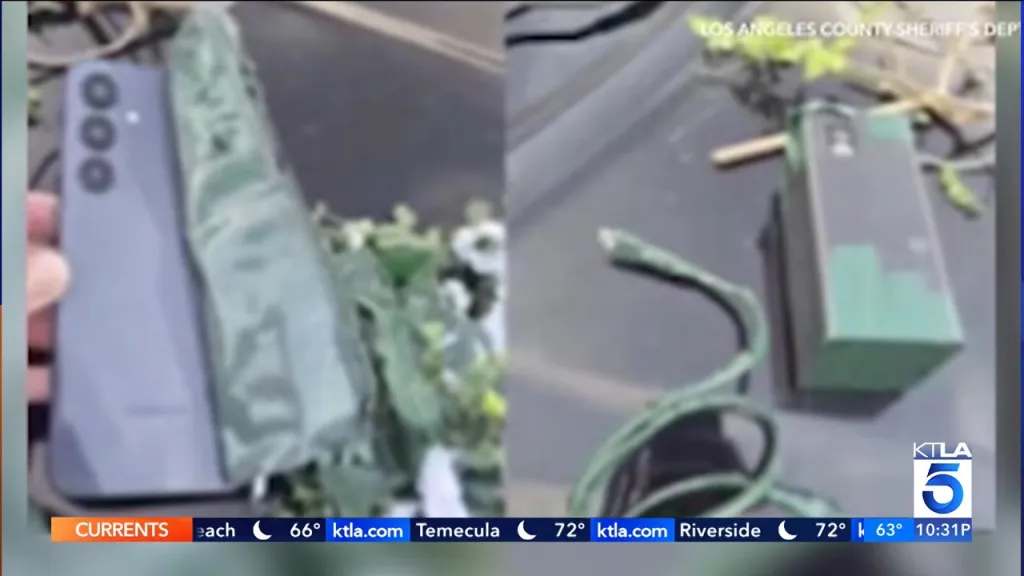 A surveillance camera disguised as a green battery pack connected to a cable, next to a cellphone.