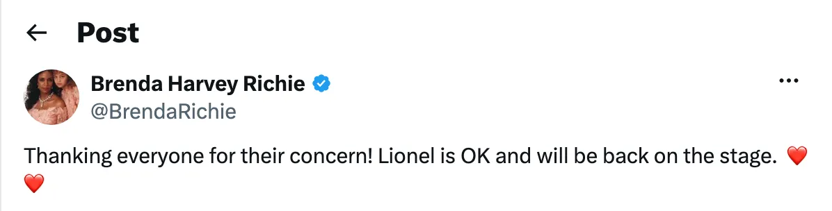 Brenda Harvey Richie's post on X states that Lionel Richie is 