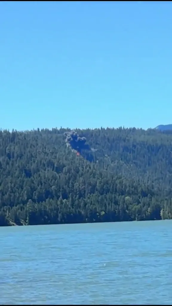 Smoke and fire from a crashed military aircraft on a forested hill above Rimrock Lake in Yakima County, Washington.