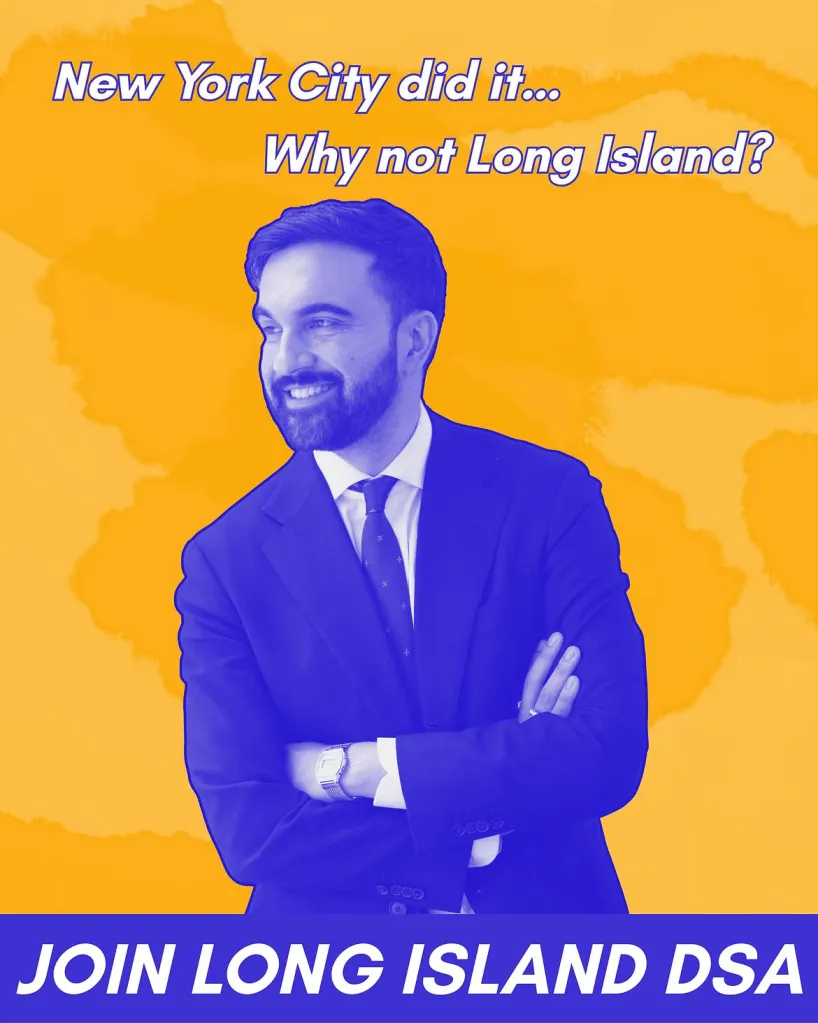 Illustration of Zohran Mamdani, rendered in blue, against an orange background, with text inviting people to 