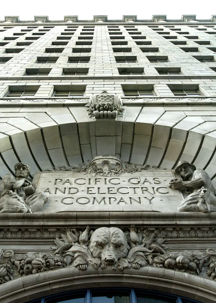 Exterior of the Pacific Gas and Electric Company building in San Francisco, with ornate carvings and statues above the entrance.