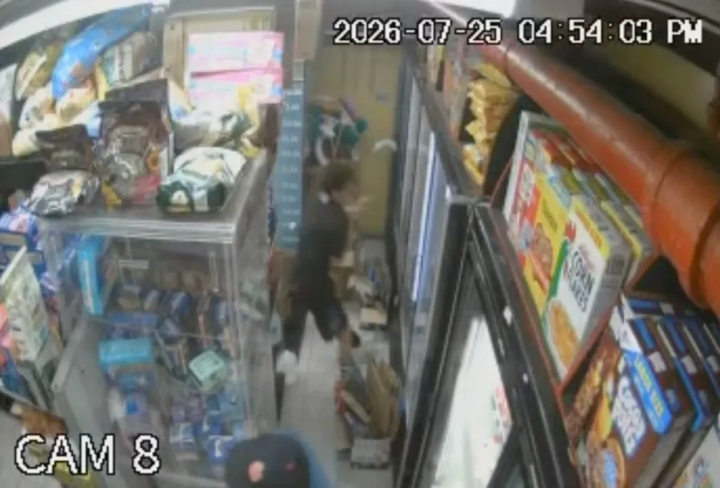 CCTV footage shows a person in a store with cereal boxes and bagged snacks.