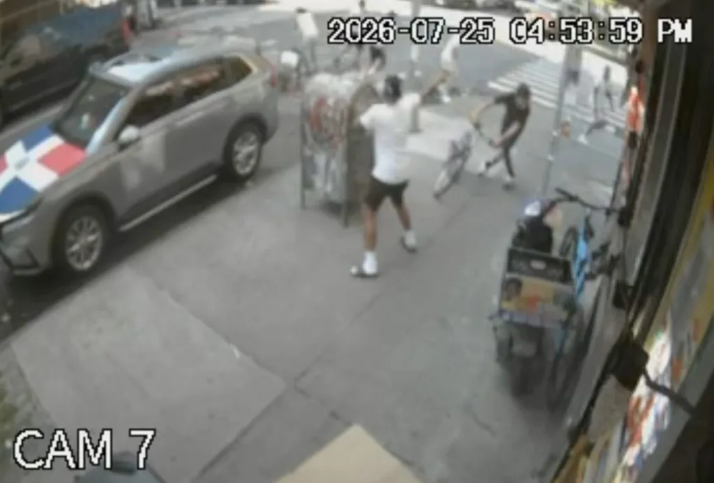 Security camera footage shows a man in a white shirt and dark shorts, holding a large object, and another person in black bending over near a bicycle on a sidewalk.