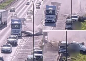 Chaotic video shows moment truck carrying concrete causes carnage on busy highway