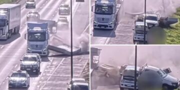 Chaotic video shows moment truck carrying concrete causes carnage on busy highway