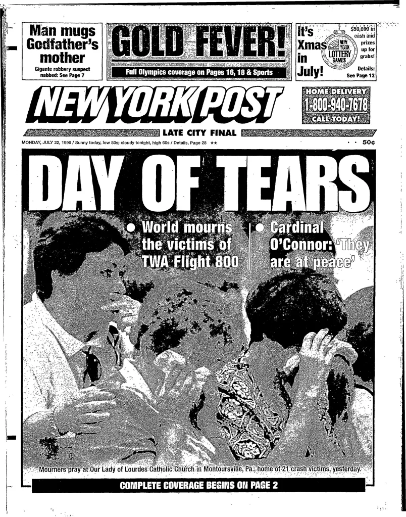 New York Post newspaper front page from July 22, 1996, with the headline