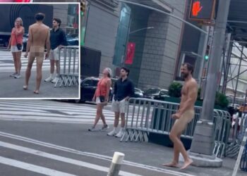 Buck-naked bum who’s not the Naked Cowboy strolls through Times Square, drawing gasps: video