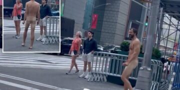 Buck-naked bum who’s not the Naked Cowboy strolls through Times Square, drawing gasps: video