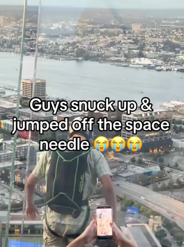 A person in a parachute harness standing near a window overlooking a city and a body of water, with text overlay 