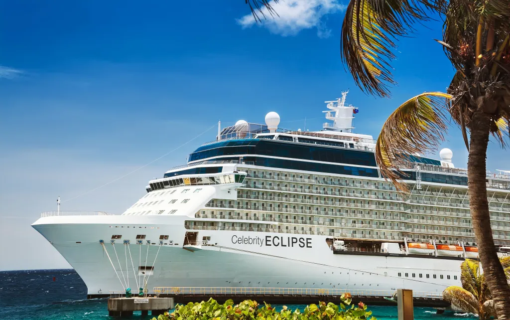 The Celebrity Eclipse cruise ship docked at the port of Willemstad, Curacao.