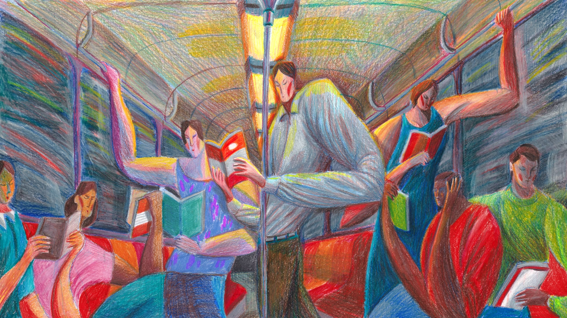 An illustration of people reading books on the subway