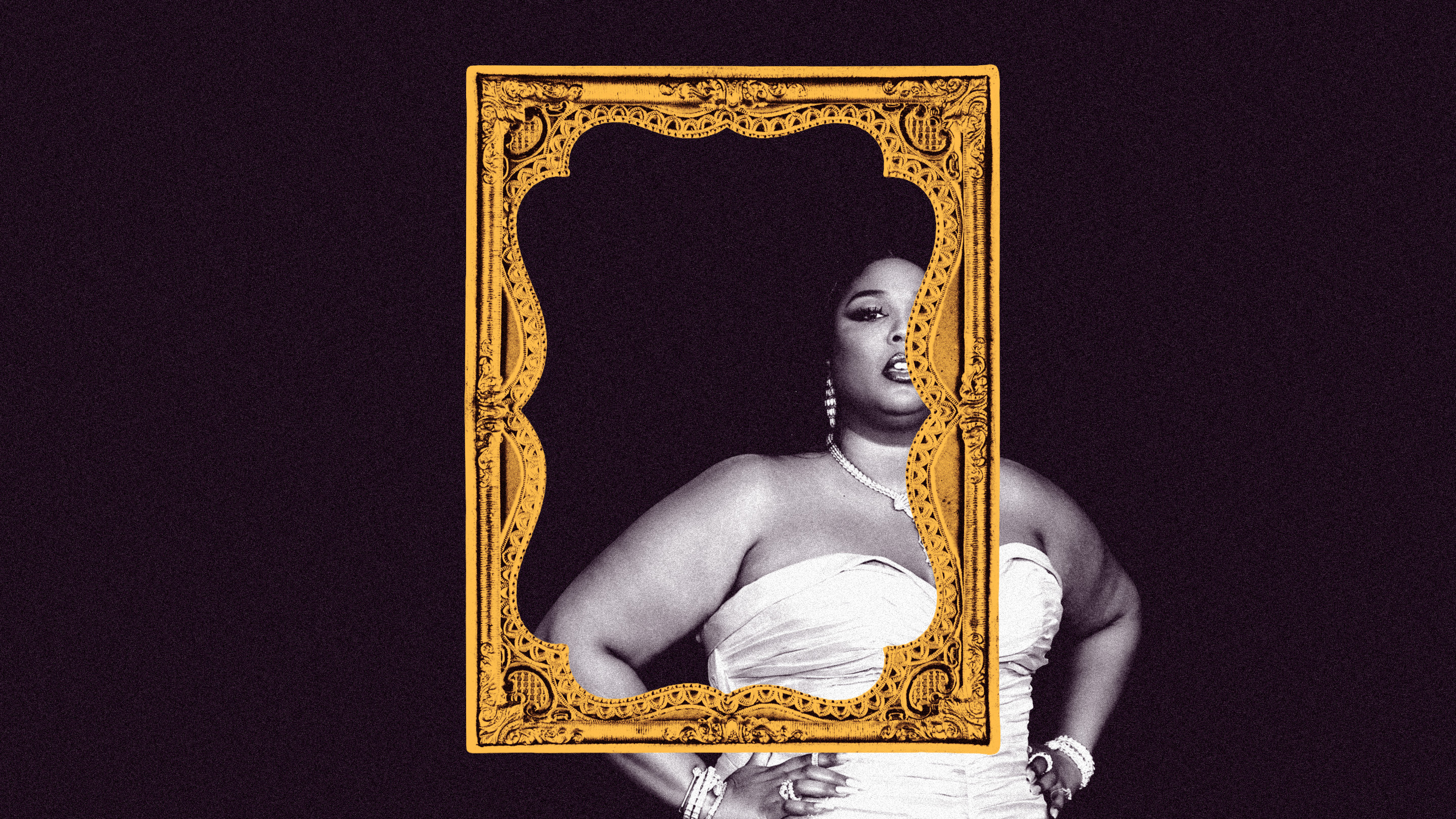 The singer Lizzo standing out of center in a picture frame