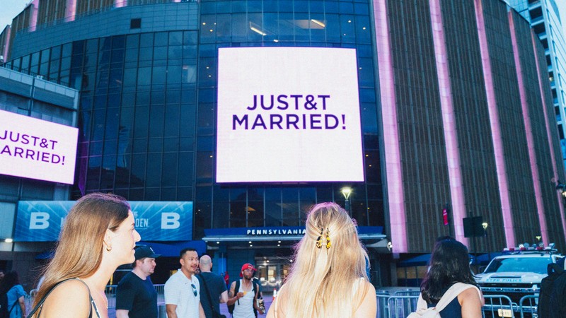 A large sign reading 