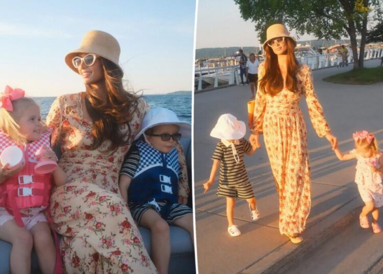 Paris Hilton shows off striking brunette look while enjoying Michigan cherry festival with her two kids