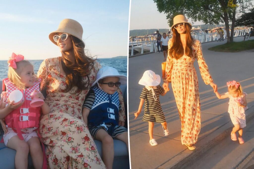Paris Hilton shows off striking brunette look while enjoying Michigan cherry festival with her two kids
