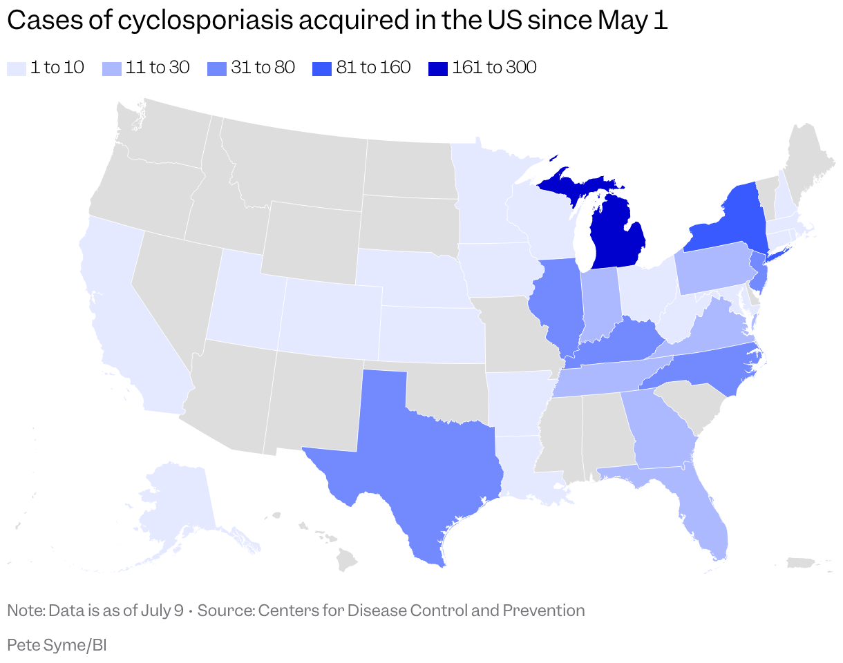 A map of the US shows the number of cyclosporiasis cases in each state, with a color scale depending on the number, with Michigan having the most.