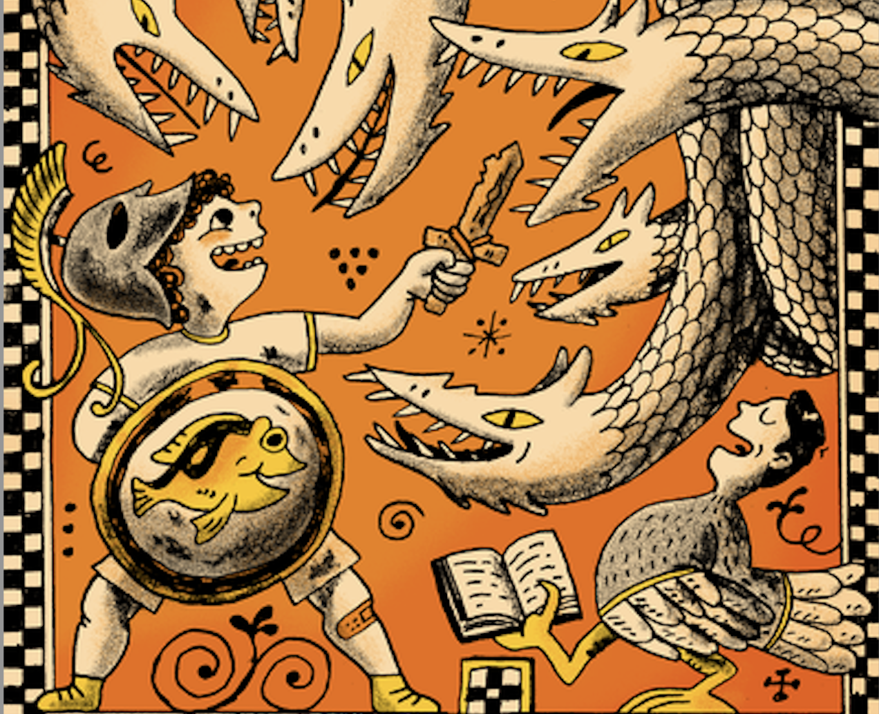 A Grecian-looking illustration showing a child play-fighting the Scylla, a monster from 