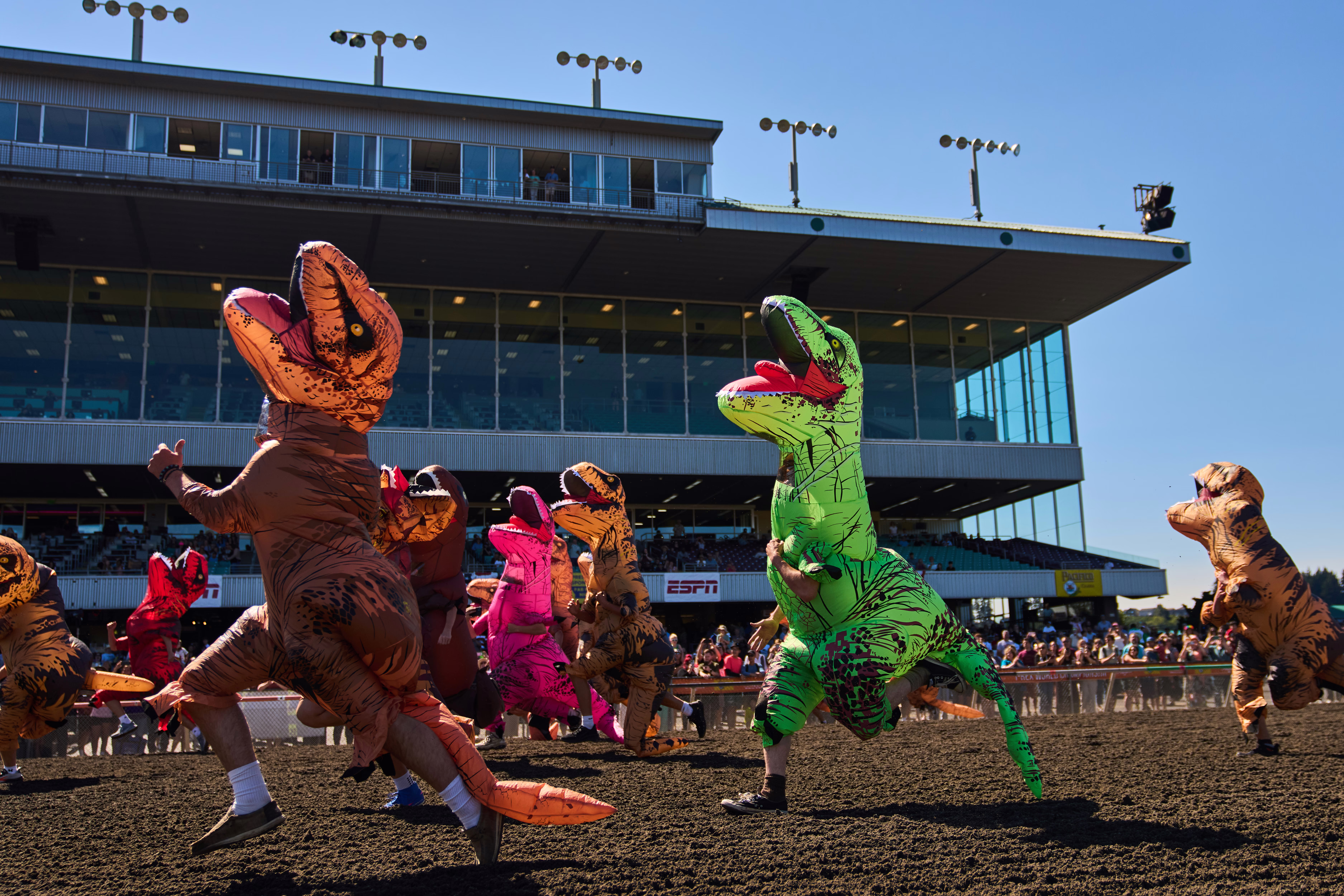 Runners wearing dinosaur costumes race on a horse-racing track.