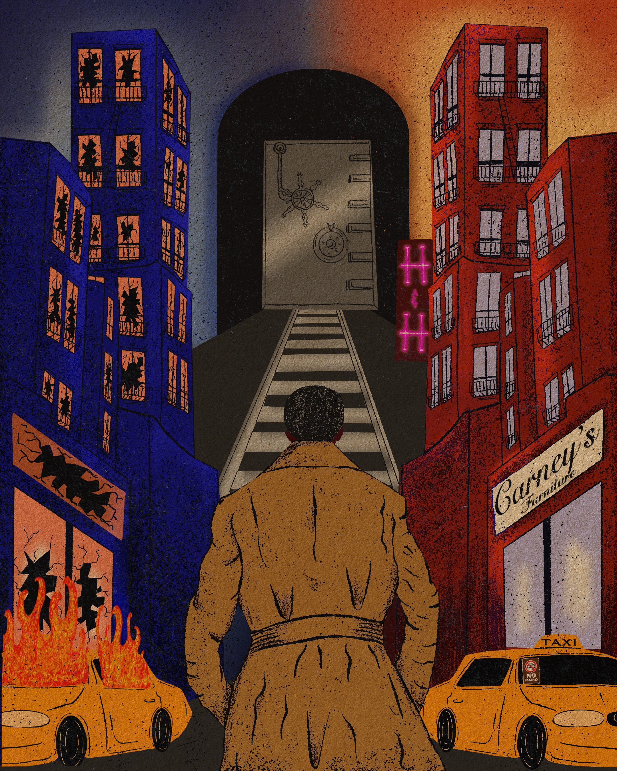 a man walking towards a vault, through a city: one side in order, the other side in tatters