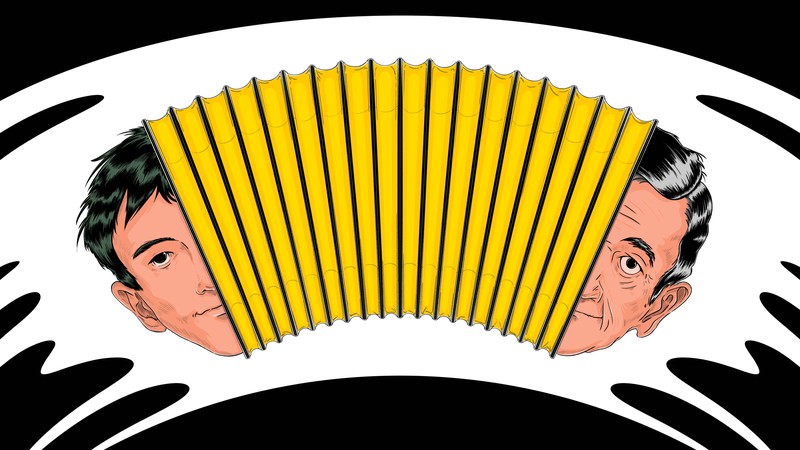 Illustration of an accordian element, with a young man on the left and old man on the right