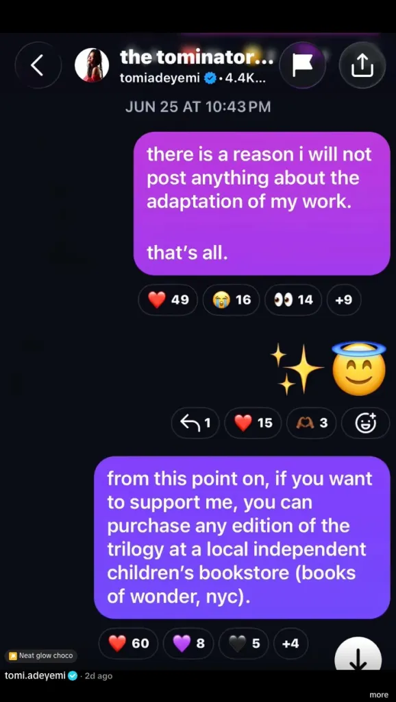 Screenshot of Tomi Adeyemi's TikTok post stating she won't post about the adaptation of her work and asking fans to support her by buying her trilogy at an independent bookstore.